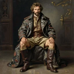 cloth fabric jodhpurs knee high boots travel coat fashion, portrait in sitting pose, greg manchess painting by sargent and leyendecker, studio ghibli, fantasy, asymmetrical, intricate, elegant, matte painting, illustration, hearthstone, by greg rutkowski, by greg tocchini, by james gilleard, by joe fenton