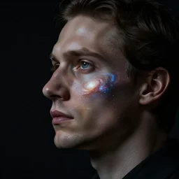 a man's face in profile, made of glossy galaxy, in the style of the Dutch masters and Gregory Crewdson, dark and moody
