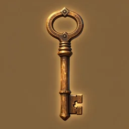 a medieval wooden key for the doors, rpg game inventory item, Warcraft style, outer glow, solid background, trending on artstation