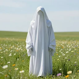 faceless grim reaper with veil over face at distance in beautiful meadow of flowers, detailed pencil illustration by gustave dore, highly detailed, centered, high resolution, smooth, sharp focus, illustration