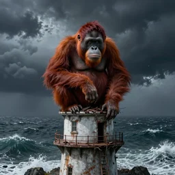 realistic red orangutan sit on the top of ruined lighthouse, stormy sea, night, storm, artstation trends, sci fi concept art, highly detailed, intricate, sharp focus, digital art, 8 k