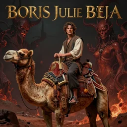 a matte painting of a young gorgeous man riding on the back of a camel, female facial features, aesthetically pleasing, in hell, concept art, by boris vallejo, by julie bell, dark fantastic hyperrealism, daz 3 d, album cover, intricate, ornate, ultra detailed, trending on arstation, artgem