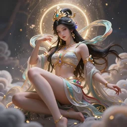 a beautiful female goddess of nirvana character, character is in all its glory, character is in her natural relaxed pose, rim lights, particles and dust in the air, fancy clouds, highly detailed professional photo, dynamic lights, particles are flying, depth of field, trending on artstation, illustration, hyper realistic, vray caustics, super detailed, colorful accents, cinematic shot