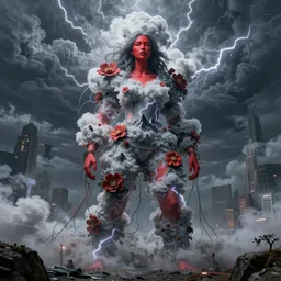 A giant monster woman wearing clothes made out of thunder clouds and flowers red skin, mountains, Masterpiece, glowing, wires everywhere, by Edgar Maxence and Ross Tran, Zdzisław Beksiński, and Michael Whelan, distant, gustav dore, H.R. Giger, 8k, octane render