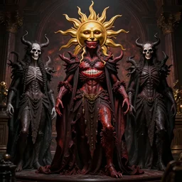 alpine herpes of world domination, sun god, death god, hell, smile, monster teeth covered in red, dark and mysterious, full body, rococo, cinematic, very detailed, full body