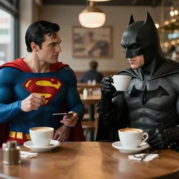 Superman and Batman drinking coffee at a cafe, movie still, cinematic, professional photography, 28mm