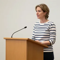 architectural curator beatrice galilee wearing a breton top presenting at a lectern in front of pink curtains, 8 k photorealistic