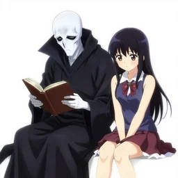 cell shaded, anime grimm reaper reading a book sitting next to a cute anime girl, wlop, ilya kuvshinov, artgerm, krenz cushart, greg rutkowski, hiroaki samura, range murata, james jean, katsuhiro otomo, erik jones