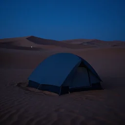 hyper realistic matte painting of a small tent in the desert with dunes at midnight, dark blue color scheme, artstation, cgsociety