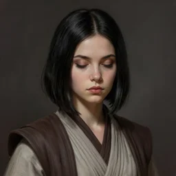 portrait of a woman by greg rutkowski, young jedi knight, black bob hair, mixture between russian and japanese features, goth girl vibes, sleepy eyes, star wars expanded universe, she is about 2 0 years old, wearing jedi robes highly detailed portrait, digital painting, artstation, concept art, smooth, sharp foccus ilustration, artstation hq