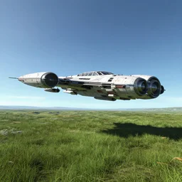 Elite Dangerous Spaceship hovering over an alien green grassy field on a planet, cinematic perspective, daylight, blue sky, detailed, 4k, Artstation