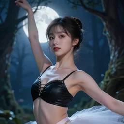 close - up portrait of a beautiful anime ballerina in front of the full big moon in a fantasy forest, black leather bra, by james gurney, max liebermann, greg rutkowski, highly detailed digital art, artstation