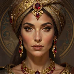mindblowing portrait of an elegant tan woman in her 5 0 s, ornate turban, brown eyes, ruby and gold jewelry, deep focus, symmetrical face, d & d, fantasy, intricate, elegant, highly detailed, digital painting, artstation, concept art, matte, sharp, illustration, hearthstone, art by artgerm and greg rutkowski and alphonse mucha