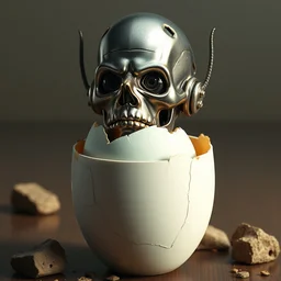 silver egg cup, vin diesel head in egg cup, head looks like egg, eggshell cracking, hyper detailed, digital art, artstation, cinematic lighting, studio quality, smooth render, by peter mohrbacher, hajime sorayama, boris vallejo, craig mullins