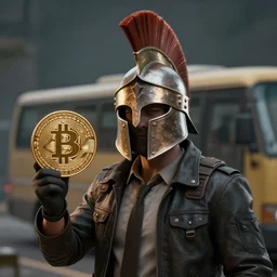 a bussines man with a spartan helmet, kaleo, crypto, bitcoin, cinematic, matte painting, trending artstation, 8k