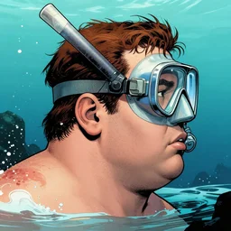 a profile photo of a fat man with a diving oxygen mask with side profile blood in ocean intricate details by MARVEL comics and Sandra Chevrier-C