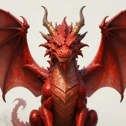 close up painting of a red dragon with giant open wings and a snobby smile. extremely detailed. majestic. beautiful. symmetrical. 4 k. award - winning. epic lighting