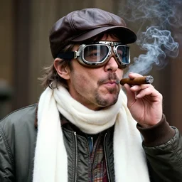 headshot of a crazed john belushi smoking a cigar, he is wearing a leather bomber cap on his head, he has on aviator goggles, he is also wearing an a 2 flight jacket, a long white wool scarf is wrapped around his neck, he has a 5 o'clock shadow