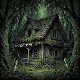dilapidated broken wooden house, tucked within the witchwood forest, evil fairies, overgrown, detailed intricate ink illustration, dark atmosphere, detailed illustration, hd, 4k, digital art, overdetailed art, concept art, by greg rutkowski, by loish, complementing colors, Trending on artstation, deviantart