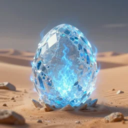 icy crystall as a magical egg emitting frosty blue fire, desert around, peter morbacher style, greg rutkowski