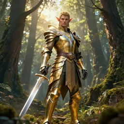 elf with armor in golden and silver colors and a curve long sword in the forest, epic masterpiece of cinematographic hyperrealism, realistic shaded lighting poster by craig mallismo, artgerm, jeremy lipkin and michael garmash, unreal engine, radiant light, detailed and intricate environment, digital art, art station trends