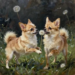 blond chiweenie fighting dandelion, field of slowers, oil painting, Tooth Wu, Greg Rutkowski, RPG portrait, dynamic lighting, fantasy art, High contrast, depth of field