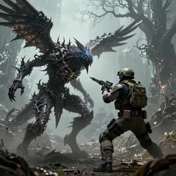 the shrike, a cruel humanoid entity, composed out of spikes, blades and thorns, god like vs the colonel, a fearless human tactical commando with top noch gear, fighting over the tree of pain, epic sci fi battle, alien world, hyperrealist, intricate digital art, cinematic, breathtaking, octane, unreal 5, 8 k, wallpaper