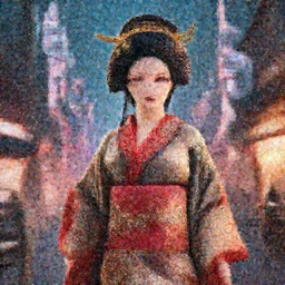 geisha demon, anime city in background, 4k, trending on artstation, photorealistic, volumetric lighting, octane render,