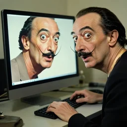 salvador dali using a computer to generate images, shock facial expression