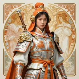 masterpiece portrait of a d & d ranger with her porcelain armor, chinese kangxi orange and white, volumetric lighting, fantasy, intricate, elegant, lifelike, photorealistic, artstation, concept art, sharp focus, by john collier and albert aublet and krenz cushart and artem demura and alphonse mucha