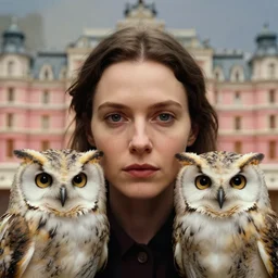 a close up portrait of a lonely woman and her owl, fine facial features, symmetrical, inspired by edward hopper and grand budapest hotel