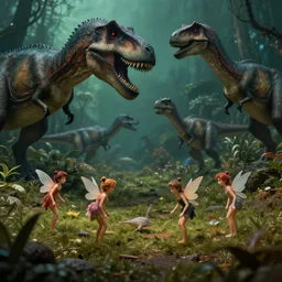 close - up view small fairies in a jurassic land and dinosaurs. dark setting. pulp science fiction art. fantasy art. trending on artstation