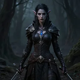 dark female night elf with two knives, fantasy, dark art,