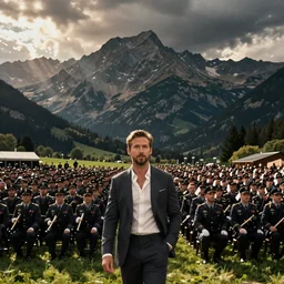 the Ryan Gosling army filled the field, against the backdrop of a mountainous area