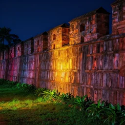 torch light by night the wall wood fortress tropical with little plant along borderland style vivid colorful  Hyperrealistic CGI Photorealistic cinematic volume lighting fanart on ArtStation  concept art