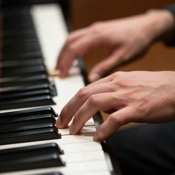 pianist hands playing piano, hands with long fingers. sony dslr photograph, closeup, high aperture, artstation, sharp focus, detailed skin. tritone