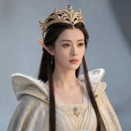 photo of a beautiful elven queen queen with ornate crown and cloak, telephoto lens
