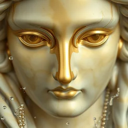 close up of face of art deco marble sculpture, gold plated, splashed with water, official versace editorial, highly detailed