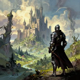beautiful landscape of fantasy scifi with a knight looking at the castle, surrealism and comic book artstyle by mike mignola