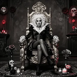 cruella de vil as queen of south, sitting on an ornate golden throne decorated with dia de los muertos decorations, offerings on the floor, looking at viewer, black & white photo with red, film noir cinematic dynamic lighting, hyper realistic, hyper detailed, 8 k