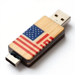 usb drive made of wood with the united states flag on it, white background, macro lens