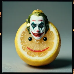 kodak portra 4 0 0, 8 k, shot of a highly detailed, britt marling style, colour still - life portrait of a lemon with face of 1 9 9 9 joker, teal and orange, muted coloures
