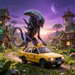 xenomorph taxi car in a fantasy village, calming, uplifting mood, ultra realistic, farm, small buildings, highly detailed, atmosphere, violet planet in the sky, masterpiece, epic lighting, elves, green plants, magic, illuminated, 4 k, cinematic, morning sun, art by eddie mendoza