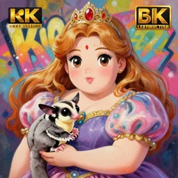beautiful anime painting of fat princess and her fat fluffy sugar glider, by gaston bussiere, j. c. leyendecker, craig mullins. trending on artstation, 8 k, masterpiece, graffiti paint, fine detail, full of color, intricate detail, golden ratio illustration, face enhance, sugar glider
