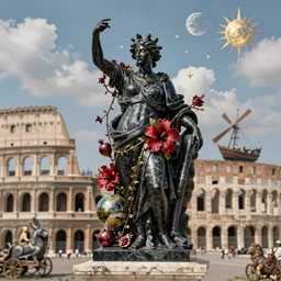 rateo, colosseo, tilt shift, gulf of Naples, Pompeian, naval battle, italian masterpiece, wind, sky in background, wind rose, Ashford Black Marble, sculpture, baroque,  draped with red Hibiscus and vines and spines, marble and hint gold, stars, puffy clouds, suns, moons, drapes, dead fruits, Obsidian, pomegranade, armour, medieval globe, glass, portrait, mage, centaur, siren, lion, chariot, rabbit, snails, render, artstation, ultra detailed