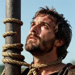 1 9 6 0 s movie still close - up of marcus atilius regulus tied with ropes at a pole with his bleeding eyes looking at the sun, cinestill 8 0 0 t 3 5 mm eastmancolor, high quality, heavy grain, high detail, texture, dramatic light, anamorphic, hyperrealistic, detailed hair