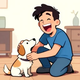 a caricature of Markiplier laughing happily as he pets his dog.