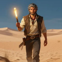 a young man with gray hair,a stylish beard,walking through a desert with a glowing stick,digital art,art by greg rutkowski,trevor henderson,rossdraws,character design,concept art,western comic style,sharp lines,photorealiatic,hyperdetailed,detailed face,high quality,professional lighting,glowing