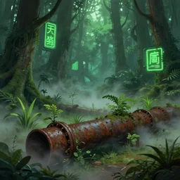 plants growing out of old rusty pipes in a primeval forest, green neon signs, ground covered in mist, detailed cyberpunk illustration