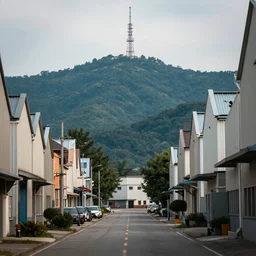 looking down street, warehouses lining the street. hill background with radio tower on top. telephoto lens compression.